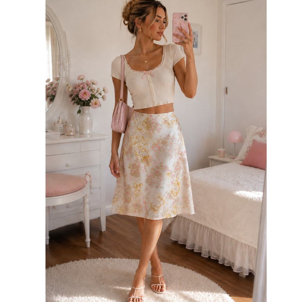 Ann Taylor Vintage 90s White Yellow Pink Floral Skirt Womens 2 Fairy Core Girly